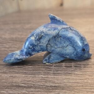 Hand Carved Nautical Blue Marble Dolphin Figurine 3" Beach Ocean Marine